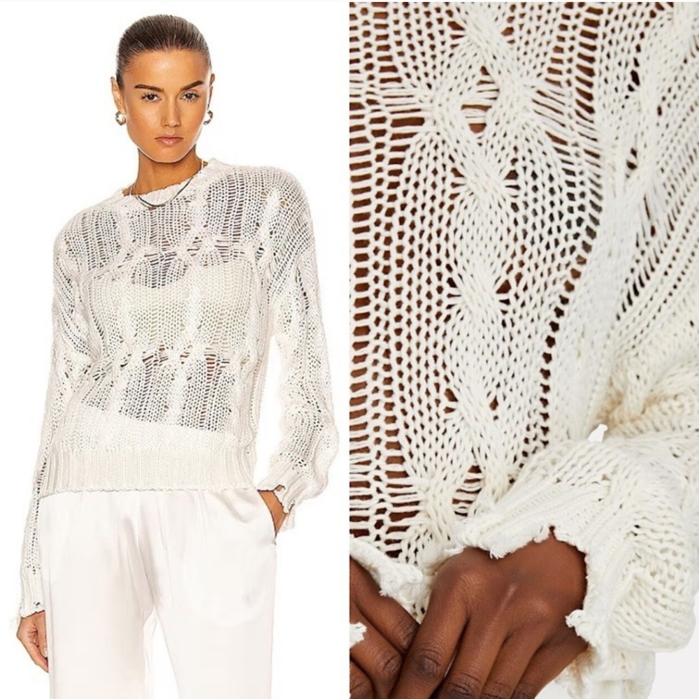 SABLYN Mitzi Cream Cashmere Silk Blend Distressed Open Knit Sweater Small